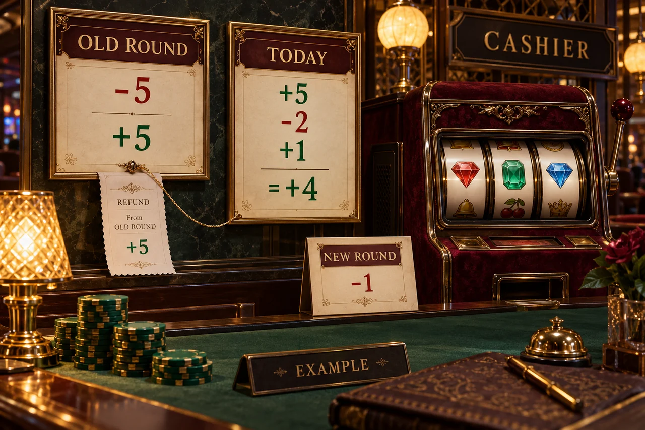 Casino စိတ်ကူးစာရင်းတွင် old round−5/+5၊today+4 နှင့်new round−1 ကိုခွဲပြထားသည်။