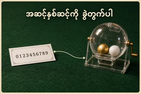 ထီနံပါတ်တစ်ခုနှင့် ရွှေဘောလုံး၊ အဖြူဘောလုံး နှစ်လုံးပါ စက်ကို သီးခြားပြထားသော သရုပ်ဖော်ပုံ