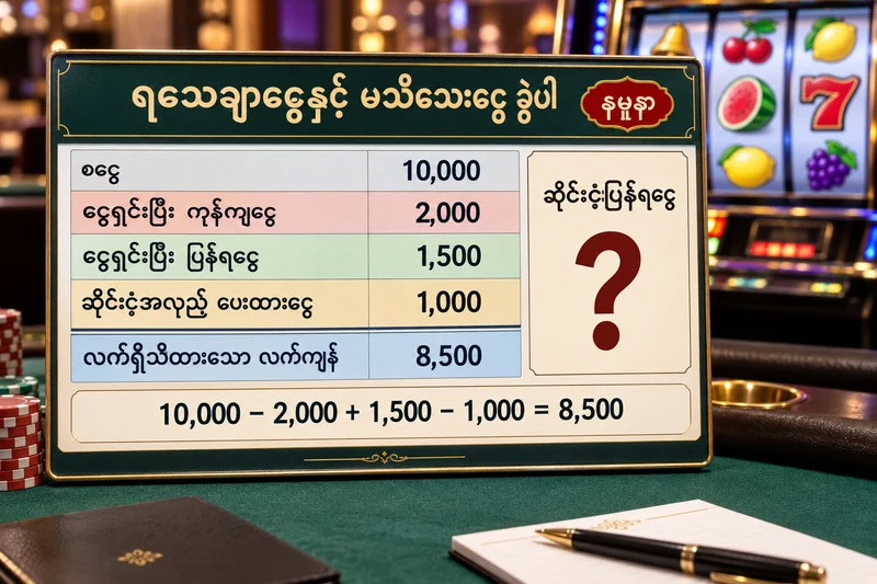 ၁၀,၀၀၀ မှ ၈,၅၀၀ သိထားသောလက်ကျန်ကို မသိရသေးသောပြန်ရငွေနှင့် ခွဲတွက်ထားသည့်ဇယား